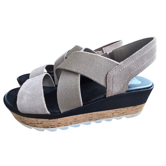 Sorel Sandal US 8.5 Cameron Stretch Leather Strappy Cork Wedge Tan Black Preppy - Picture 2 of 8
